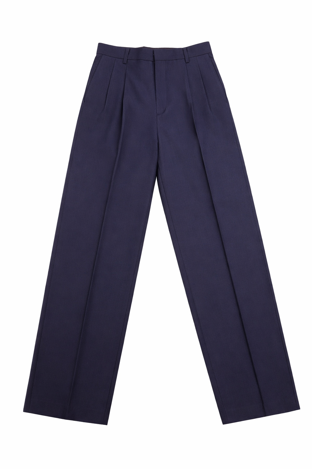 Navy blue pleated pants on a white background